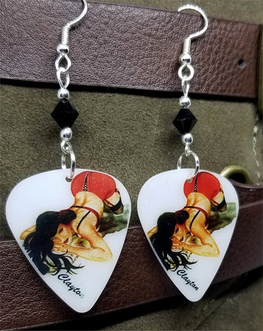 Brunette Pin Up Girl In Red and Black Lingerie Guitar Pick Earrings with Black Swarovski Crystals