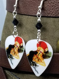 Brunette Pin Up Girl In Red and Black Lingerie Guitar Pick Earrings with Black Swarovski Crystals