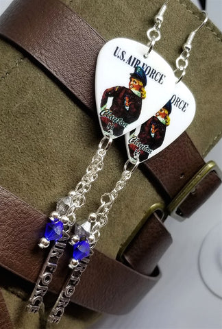 Classic Pin Up U.S. Air Force Guitar Pick Earrings with Silver Charm and Swarovski Crystal Bicone Dangles
