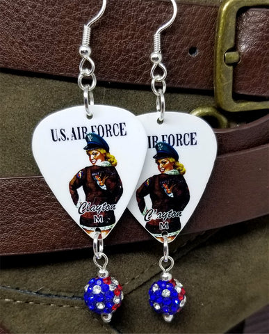 U.S. Air Force Pin Up Girl Guitar Pick Earrings with American Flag Pave Bead Dangles