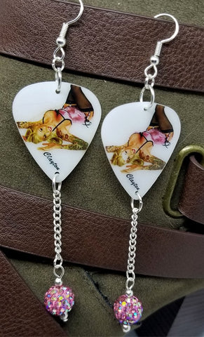 Tattooed Blonde Pin Up Girl Guitar Pick Earrings with Pink Pave Bead Dangles