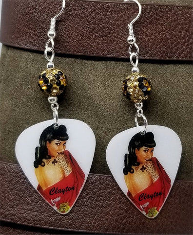 Pin Up with Card Suit Tattoos Guitar Pick Earrings with Leopard Print Pave Beads