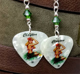 Blonde Hawaiian Pin Up Girl Guitar Pick Earrings with Emerald Green Swarovski Crystals