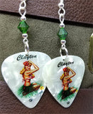Blonde Hawaiian Pin Up Girl Guitar Pick Earrings with Emerald Green Swarovski Crystals