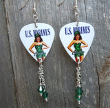 Marine Pin Up Girl Guitar Pick Earrings with Marine Charm and Green Swarovski Crystal Dangles