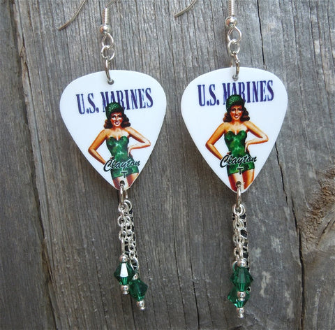 Marine Pin Up Girl Guitar Pick Earrings with Marine Charm and Green Swarovski Crystal Dangles