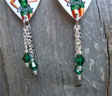 Marine Pin Up Girl Guitar Pick Earrings with Marine Charm and Green Swarovski Crystal Dangles
