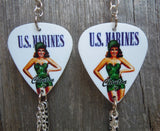 Marine Pin Up Girl Guitar Pick Earrings with Marine Charm and Green Swarovski Crystal Dangles