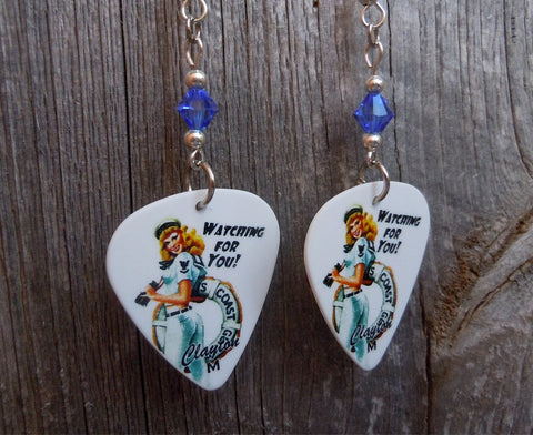 Coast Guard Pin Up Girl Guitar Pick Earrings with Blue Swarovski Crystals