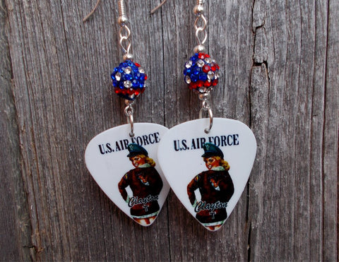 U.S. Air Force Pin Up Girl Guitar Pick Earrings with American Flag Pave Bead Dangles
