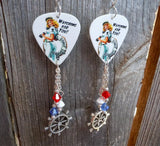 Coast Guard Pin Up Girl Guitar Pick Earrings with Boat Wheel Charm and Swarovski Crystal Dangles