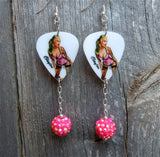 Blonde Pin Up Girl Guitar Pick Earrings with Pink Rhinestone Dangles