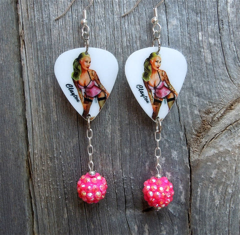 Blonde Pin Up Girl Guitar Pick Earrings with Pink Rhinestone Dangles