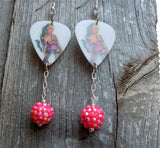 Blonde Pin Up Girl Guitar Pick Earrings with Pink Rhinestone Dangles