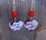 Rose Tattooed Illustrated Girl Guitar Pick Earrings with Red Pave Beads