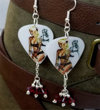 Tattooed Blonde Pin Up Girl in Black Lingerie Guitar Pick Earrings with Red Swarovski Crystal Dangles