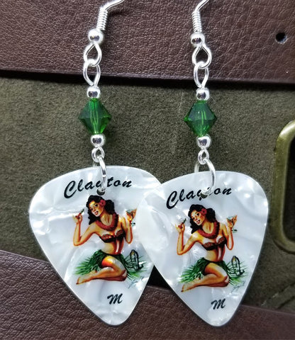 Hawaiian Pin Up Girl with a Cocktail Guitar Pick Earrings with Green Swarovski Crystals