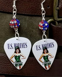 Marine Pin Up Girl Guitar Pick Earrings with American Flag Pave Beads