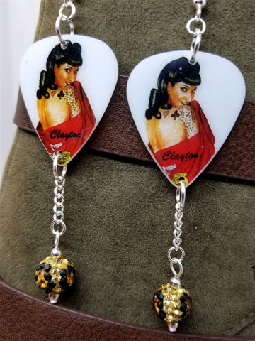 Pin Up with Card Suit Tattoos Guitar Pick Earrings with Leopard Print Pave Bead Dangles