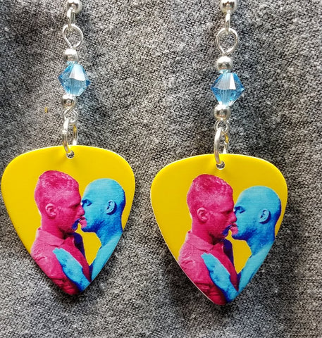 Pride Love Man Guitar Pick Earrings with Blue Swarovski Crystals