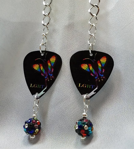 Pride Rainbow Butterfly Dangling Guitar Pick Earrings with MultiColor Pave Bead Dangle