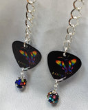 Pride Rainbow Butterfly Dangling Guitar Pick Earrings with MultiColor Pave Bead Dangle