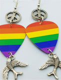Pride Rainbow Guitar Pick Earrings with Peace Signs and Sparrows