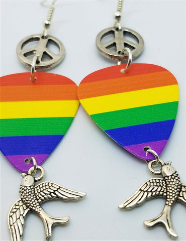 Pride Rainbow Guitar Pick Earrings with Peace Signs and Sparrows