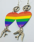 Pride Rainbow Guitar Pick Earrings with Peace Signs and Sparrows