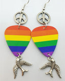 Pride Rainbow Guitar Pick Earrings with Peace Signs and Sparrows