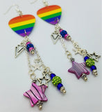 Pride Rainbow Guitar Pick Earrings with Star Charms, Seed Bead, and Pave Bead Dangles