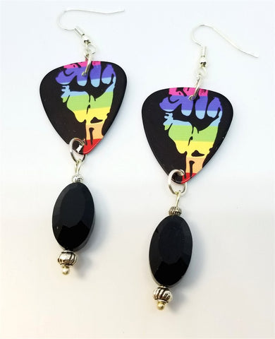 Pride Fist Guitar Pick Earrings with Black Glass Bead Dangles
