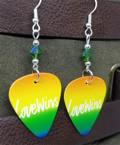 Love Wins Pride Guitar Pick Earrings with Green AB Swarovski Crystals