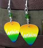 Love Wins Pride Guitar Pick Earrings with Green AB Swarovski Crystals
