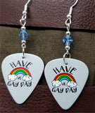 Have a Gay Day Rainbow Pride Guitar Pick Earrings with Blue Swarovski Crystals