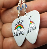 Have a Gay Day Rainbow Pride Guitar Pick Earrings with Blue Swarovski Crystals