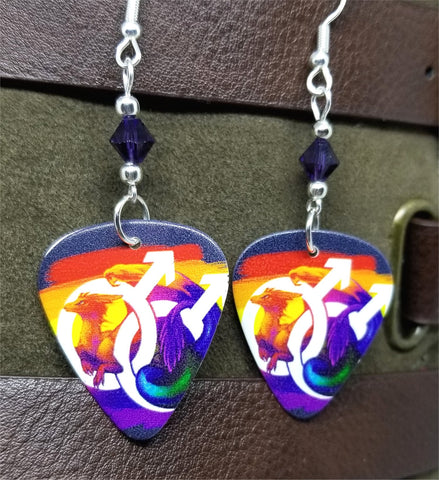 Two Male Symbols Pride Guitar Pick Earrings with Purple Swarovski Crystals