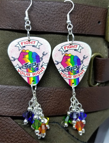 Fight For Your Right Pride Rainbow on a Chained Fist Guitar Pick Earrings with Swarovski Crystal Dangles
