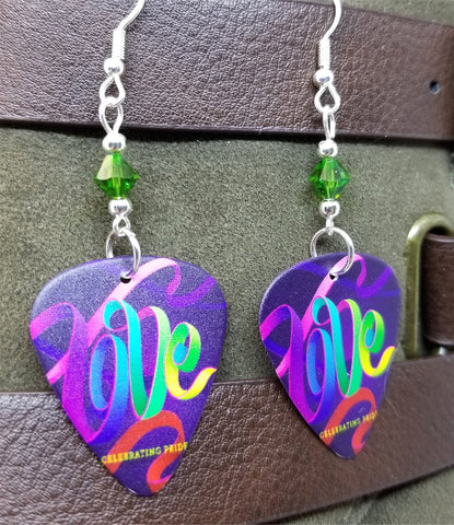 Love Ribbon Pride Guitar Pick Earrings with Green AB Swarovski Crystals