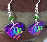 Love Ribbon Pride Guitar Pick Earrings with Green AB Swarovski Crystals