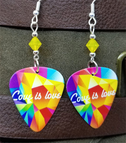 Love is Love Pride Guitar Pick Earrings with Yellow Opal Swarovski Crystals
