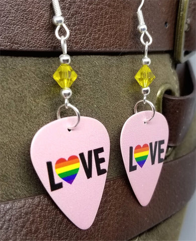 Love Pride Flag Heart Guitar Pick Earrings with Yellow Swarovski Crystals