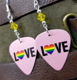 Love Pride Flag Heart Guitar Pick Earrings with Yellow Swarovski Crystals