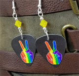 Pride Rainbow on Peace Fingers Guitar Pick Earrings with Yellow Opal Swarovski Crystals
