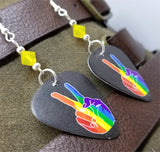 Pride Rainbow on Peace Fingers Guitar Pick Earrings with Yellow Opal Swarovski Crystals