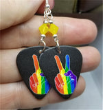 Pride Rainbow on Peace Fingers Guitar Pick Earrings with Yellow Opal Swarovski Crystals
