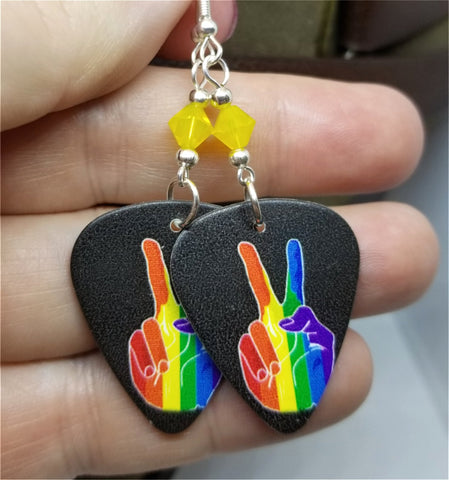 Pride Rainbow on Peace Fingers Guitar Pick Earrings with Yellow Opal Swarovski Crystals
