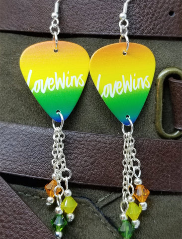 Love Wins Pride Guitar Pick Earrings with Swarovski Crystal Dangles