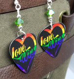Love Wins Pride Guitar Pick Earrings with Green Swarovski Crystals