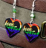 Love Wins Pride Guitar Pick Earrings with Green Swarovski Crystals